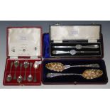 THREE CASED SETS OF ASSORTED FLATWARE TO INCLUDE A PAIR OF LONDON SILVER BERRY SPOONS, A CASED SET