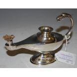 AN EARLY 20TH CENTURY BIRMINGHAM SILVER OIL BURNING LAMP, MAKERS MARK OF R S, GROSS WEIGHT 3.7