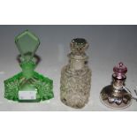 A GROUP OF THREE SCENT BOTTLES TO INCLUDE WHITE METAL OVERLAID CLEAR GLASS BOTTLE AND STOPPER, GREEN