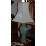 A 20TH CENTURY CERAMIC TABLE LAMP IN THE FORM OF A HEXAGONAL CELADON GLAZED BALUSTER VASE AND