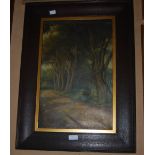 EARLY 20TH CENTURY BRITISH SCHOOL 'HARBOUR SCENE' AND 'AN AVENUE OF TREES' EACH OIL ON CANVAS,