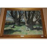 MODERN SCOTTISH SCHOOL WINTER TREES OIL ON BOARD, SIGNED 'EDWARDS' AND DATED '58 37CM X 48.5CM