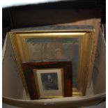 BOX - ASSORTED DECORATIVE PICTURES TO INCLUDE A 19TH CENTURY ROSEWOOD FRAMED LITHOGRAPH OF THOMAS