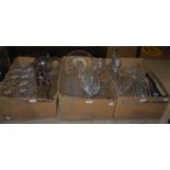 THREE BOXES - MIXED GLASS AND CRYSTAL INCLUDING CLARET JUGS, BOWLS, DRINKING GLASSES ETC.