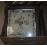 BOX - FOUR 19TH CENTURY FRAMED EMBROIDERED PANELS, INCLUDING FLORAL SCENES, AND SCENES OF YOUNG