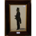 A 19TH CENTURY SILHOUETTE OF A GENTLEMAN IN A TOP HAT, COAT AND MUTTON CHOPS, IN BLACK AND