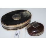 AN OVAL SHAPED HORN BOX AND COVER MOUNTED WITH SILVER SHIELD SHAPED PLAQUE, TOGETHER WITH A WHITE