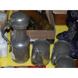 A WALKER & HALL HOWARD PEWTER TAPPIT HEN, TOGETHER WITH FOUR PEWTER TANKARDS