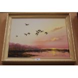 •AR HOWARD DEVONALD (20TH CENTURY BRITISH SCHOOL) A PAIR OF VIEWS OF A FLIGHT OF GEESE EACH OIL ON