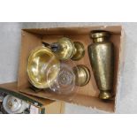 BOX - BRASSWARE INCLUDING A PERSIAN ENGRAVED VASE, A TWIN HANDLED EMBOSSED BOWL WITH GLASS LINER,
