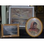 A GROUP OF THREE FRAMED DECORATIVE PAINTINGS, INCLUDING A LATE 19TH CENTURY SMALL OIL ON CANVAS OF A