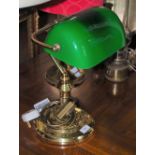 MODERN BRASS AND GREEN GLASS SHADED READING LAMP, THE BASE OF CIRCULAR FORM, 36CM HIGH