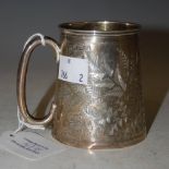BIRMINGHAM SILVER CHRISTENING MUG OF TAPERED CYLINDRICAL FORM WITH ENGRAVED FOLIATE DETAIL, 2.8 TROY