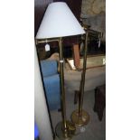TWO BRASS STANDARD READING LAMPS, ONE WITH WHITE SHADE THE OTHER WITH BRASS ANGULAR SHADE