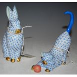 TWO HEREND PORCELAIN FIGURE GROUPS TO INCLUDE RABBIT AND CAT WITH BOWL, TYPICAL DECORATION IN BLUE