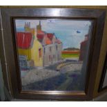 •AR VIRGINIA COX (SCOTTISH CONTEMPORARY SCHOOL) NARROW STREET, WEST WEMYSS OIL ON BOARD, SIGNED