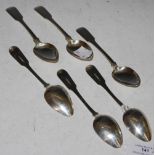 A SET OF SIX 19TH CENTURY SCOTTISH PROVINCIAL ABERDEEN SILVER TEA SPOONS, FIDDLE PATTERN, ENGRAVED