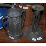 TWO PIECES OF TUDRIC PEWTER TO INCLUDE A TRI STEM CANDLESTICK, NO. 0223 AND AN OLD TIMESAKE LOVING