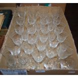 PART-SUITE OF ETCHED DRINKING GLASSES INCLUDING VARIOUS SIZES OF WINE GLASSES AND CHAMPAGNE FLUTES
