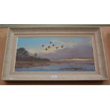 •AR G STEVENS (20TH CENTURY BRITISH SCHOOL) FLIGHT OF MALLARDS OIL ON CANVAS, SIGNED LOWER LEFT,