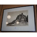 AN EARLY 20TH CENTURY BRITISH SCHOOL A HILLTOP RUIN ENGRAVING ON PAPER, SIGNED INDISTINCTLY IN
