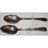 TWO EARLY 19TH CENTURY EDINBURGH SILVER DESSERT SPOONS, ONE MAKERS MARK OF W E, THE OTHER MAKERS