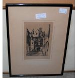 FOUR FRAMED DECORATIVE PICTURES TO INCLUDE A JAMES McINTOSH PATRICK, 'THE ARTIST'S STUDIO' SIGNED