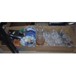 BOX - ASSORTED CERAMICS AND GLASSWARE TO INCLUDE CUT CRYSTAL DRINKING GLASSES, A METALLIC MULLION OF