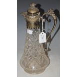 A LATE 19TH/ EARLY 20TH CENTURY EP MOUNTED CUT GLASS CLARET JUG, 31CM HIGH