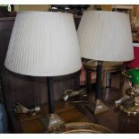 PAIR OF MODERN BRASS AND EBONISED COLUMN TABLE LAMPS IN THE FORM OF CORINTHIAN CAPITALS ON CHEQUER