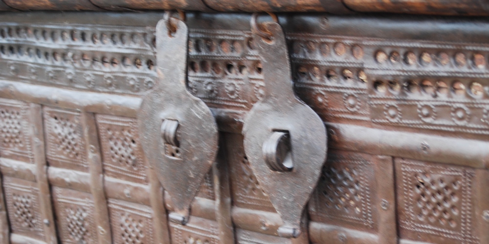 A late 19th/ early 20th century Indian pine and metal bound dowry chest, the domed hinged cover - Image 5 of 10