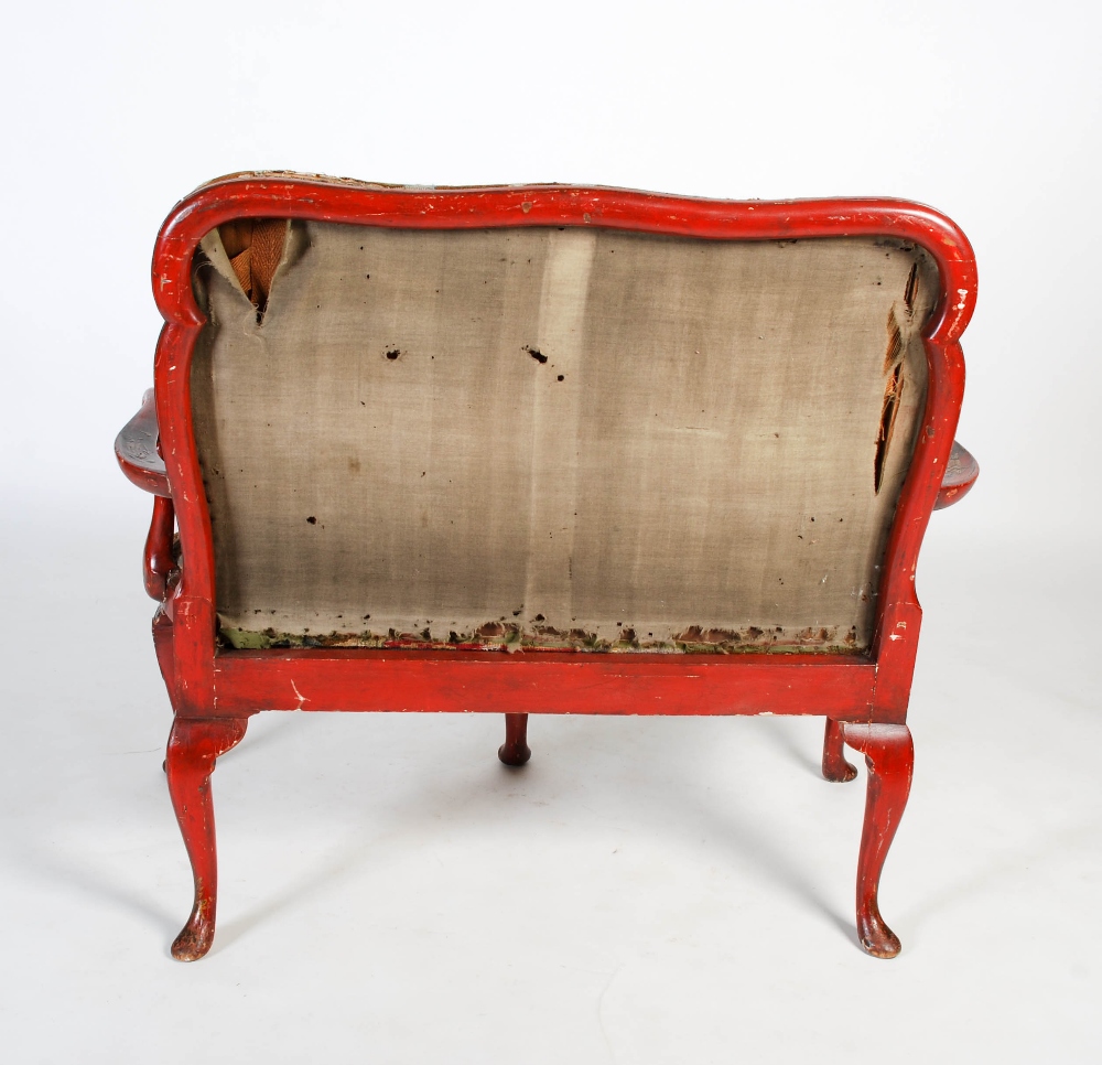 An early 20th century Queen Anne style red japanned and tapestry upholstered settee, with - Image 9 of 9