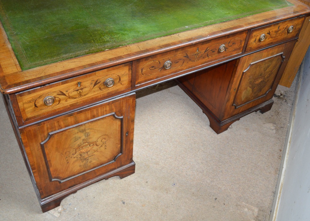 A 19th century mahogany and marquetry inlaid partners desk, the rectangular top with green and - Image 4 of 5