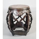 A Chinese marble topped mother of pearl inlaid darkwood barrel stool, Qing Dynasty, the purple