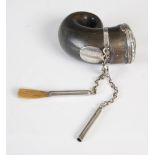 A 19th century white metal mounted horn snuff mull, the hinged cover bearing white metal roundel