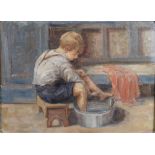 20th century British School Portrait of a boy bathing his feet Oil on canvas board, signed with