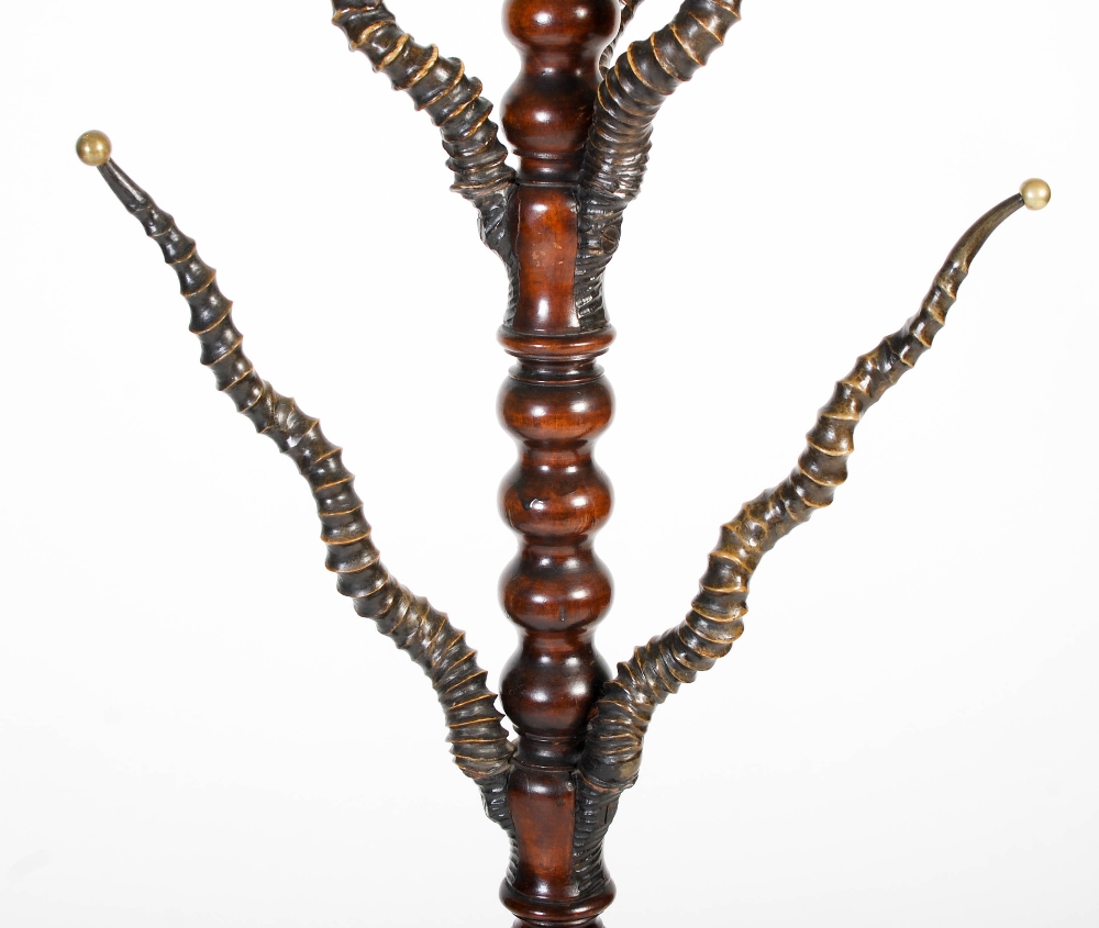 A late 19th / early 20th century turned mahogany and antelope horn mounted coat stand, the horns - Image 3 of 11
