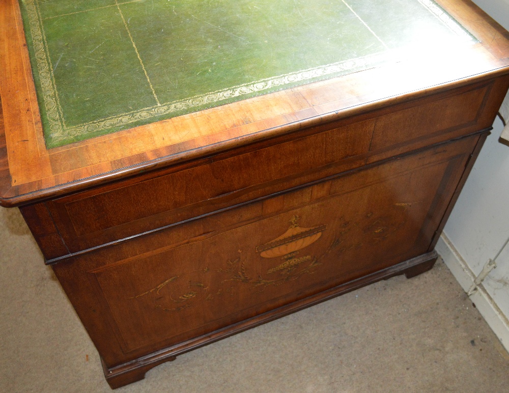 A 19th century mahogany and marquetry inlaid partners desk, the rectangular top with green and - Image 3 of 5