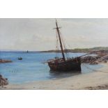 John James Bannatyne RSW (1836-1911) Coastal Landscape with Fishing Boat at Low Tide oil on canvas