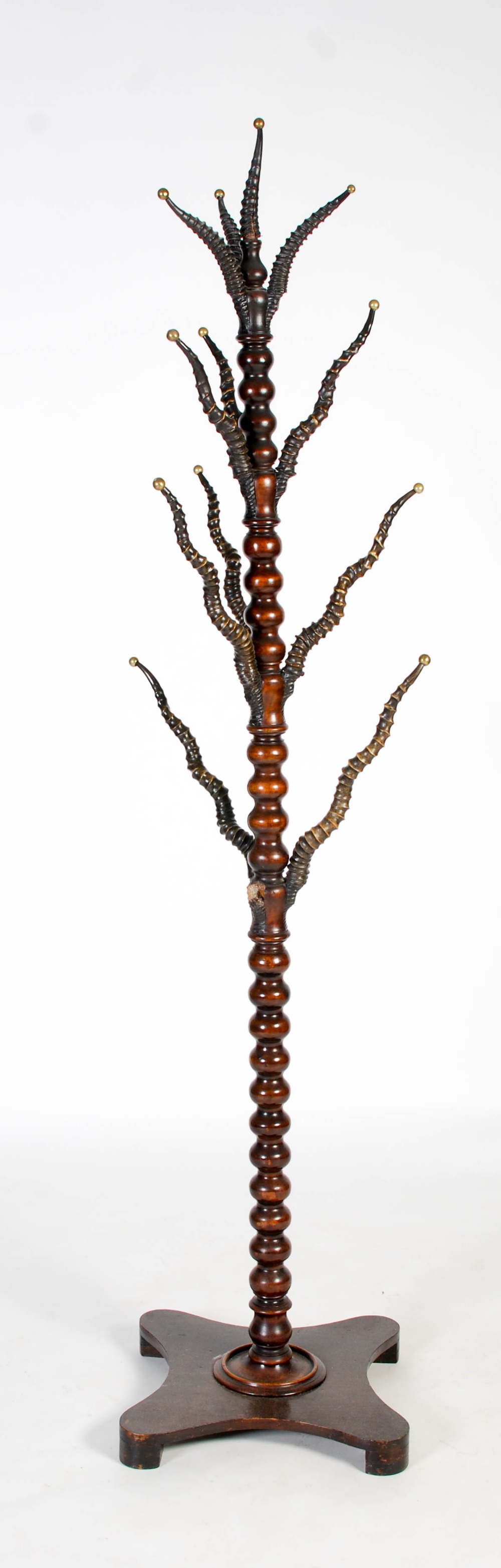 A late 19th / early 20th century turned mahogany and antelope horn mounted coat stand, the horns - Image 8 of 11