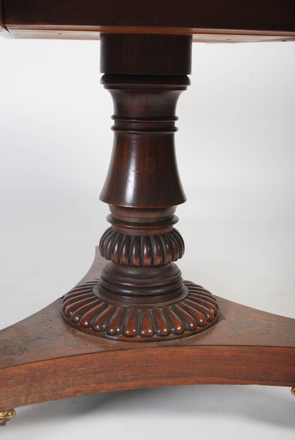 A 19th century rosewood breakfast table, plain round veneered top with beaded rim over a turned - Image 4 of 9