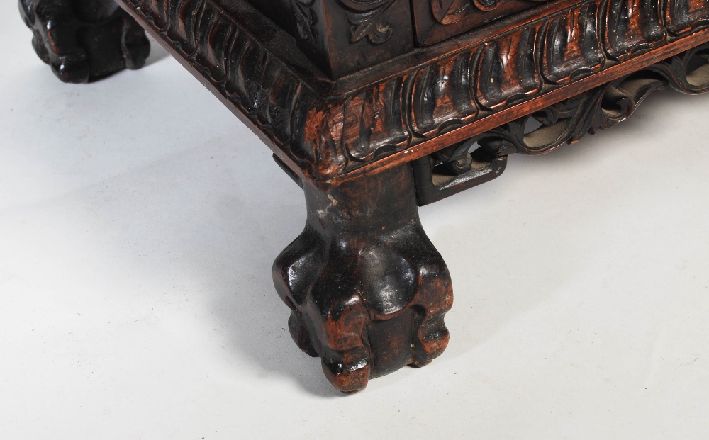 A Chinese carved darkwood display cabinet, Qing Dynasty, the arched top with a carved pediment - Image 4 of 11