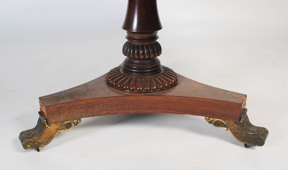 A 19th century rosewood breakfast table, plain round veneered top with beaded rim over a turned - Image 5 of 9