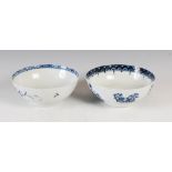 Two 18th century blue and white English porcelain footed bowls, probably Worcester, one decorated