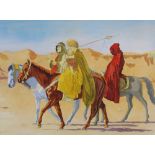20th Century School Three Arab Horsemen acrylic and pencil 38cm x 51cm