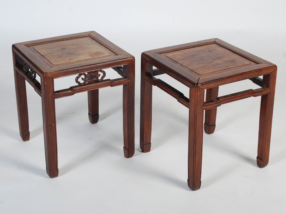 A pair of Chinese darkwood square occasional tables, Qing Dynasty, rectangular tops with recessed - Image 6 of 8