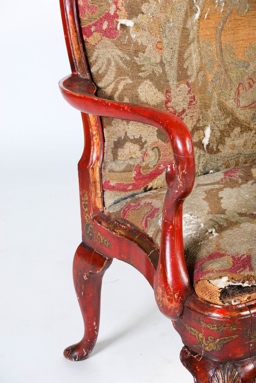 An early 20th century Queen Anne style red japanned and tapestry upholstered settee, with - Image 3 of 9