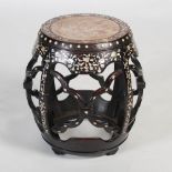 A Chinese marble topped mother of pearl inlaid darkwood barrel stool, Qing Dynasty, the purple