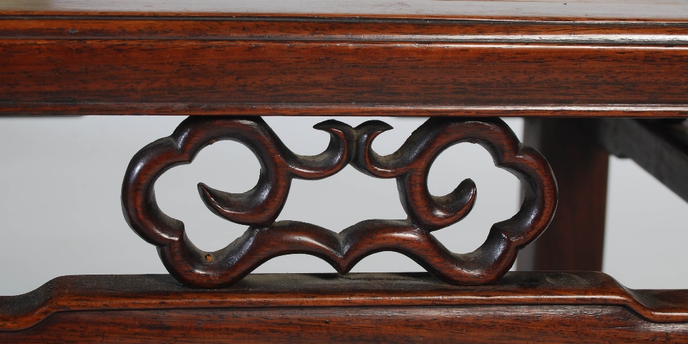 A pair of Chinese darkwood square occasional tables, Qing Dynasty, rectangular tops with recessed - Image 4 of 8