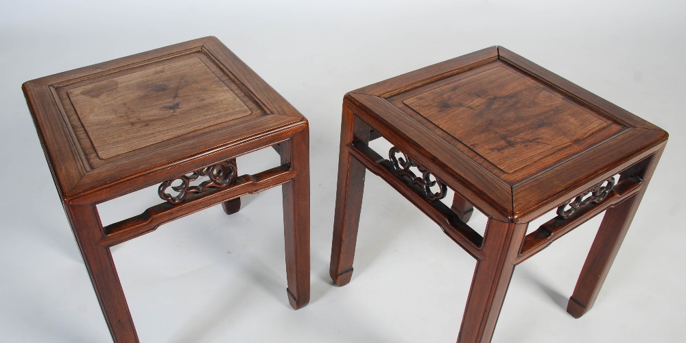 A pair of Chinese darkwood square occasional tables, Qing Dynasty, rectangular tops with recessed - Image 2 of 8